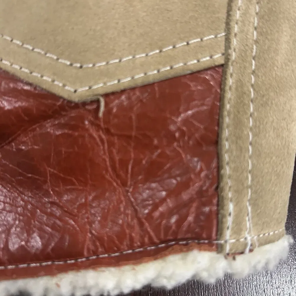 Vintage Genuine Leather Kids Sherpa Button Up Vest Size 14 HandMade In Mexico
